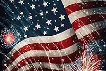 American flag with fireworks in the background.